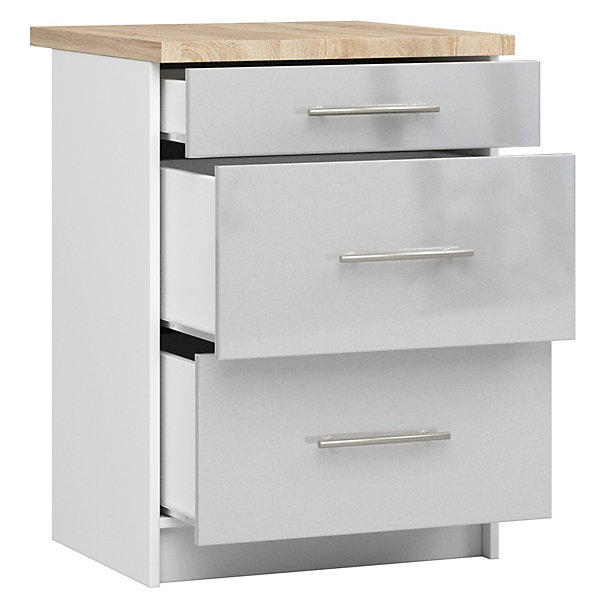 Meuble de cuisine sur pied : 3 tiroirs, blanc / brillant métallisé, 60 x 85 x 46 cm