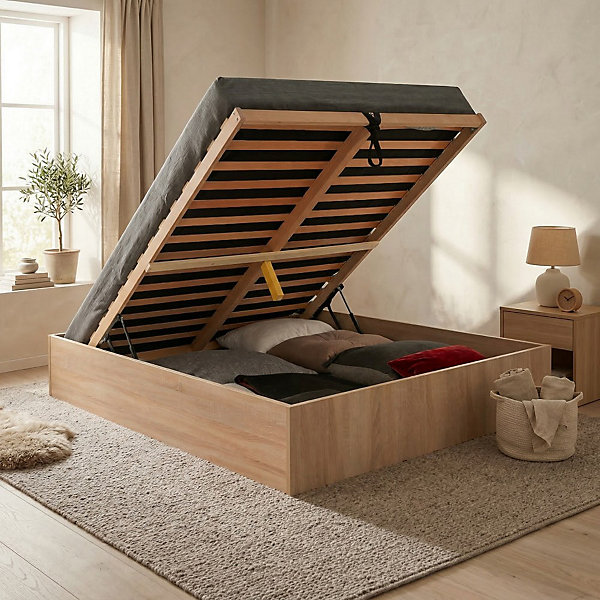 Lit coffre BILBAO 140x190 cm   sommier / Décor chêne blanchi