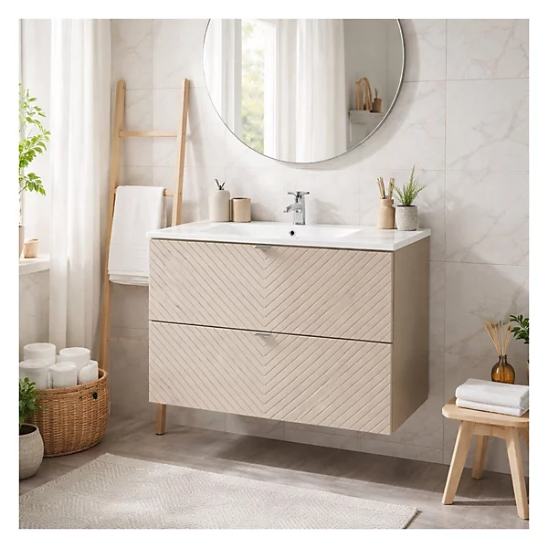 Ensemble de salle de bain AOKI : meuble sous vasque à tiroirs 80cm et vasque blanche à encastrer