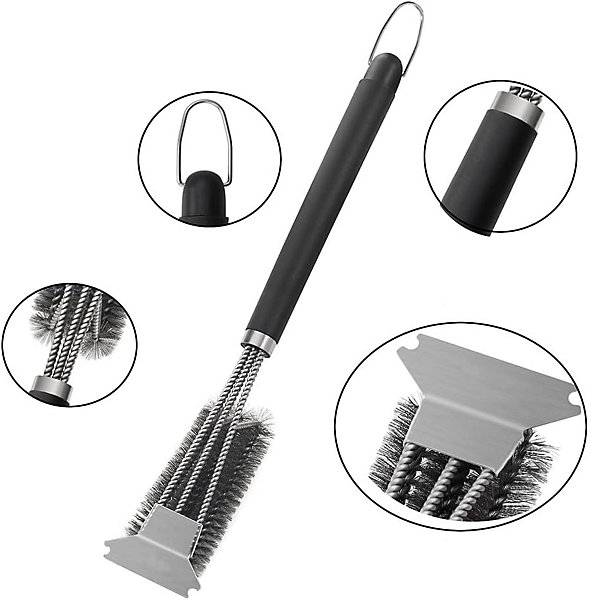 Brosse de nettoyage pour gril avec poils extra longs en acier inoxydable et manche grattoir en acier inoxydable