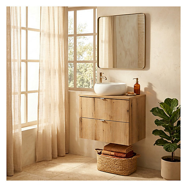 Ensemble de salle de bain suspendu VANO aspect chene 60cm : meuble sous vasque à tiroirs et plan pour vasque