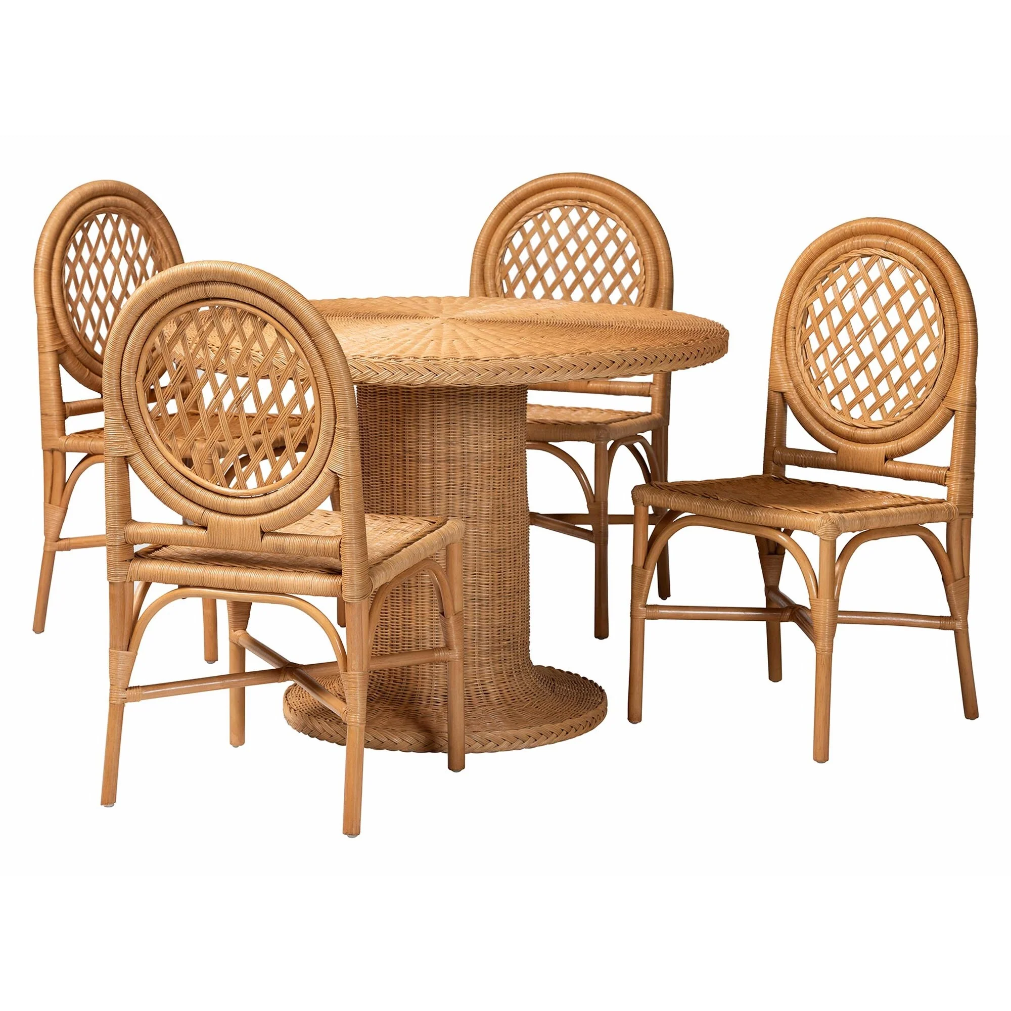 Winslow 5-Piece Rattan Dining Set - Round Wicker Table with Pedestal Base and 4 Chairs, Kitchen or Dining Room, Light Honey