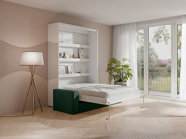 Lit escamotable 140 x 200 cm - Ouverture verticale manuelle - Avec LEDs - Blanc   Canapé Vert   Matelas - RAPILI
