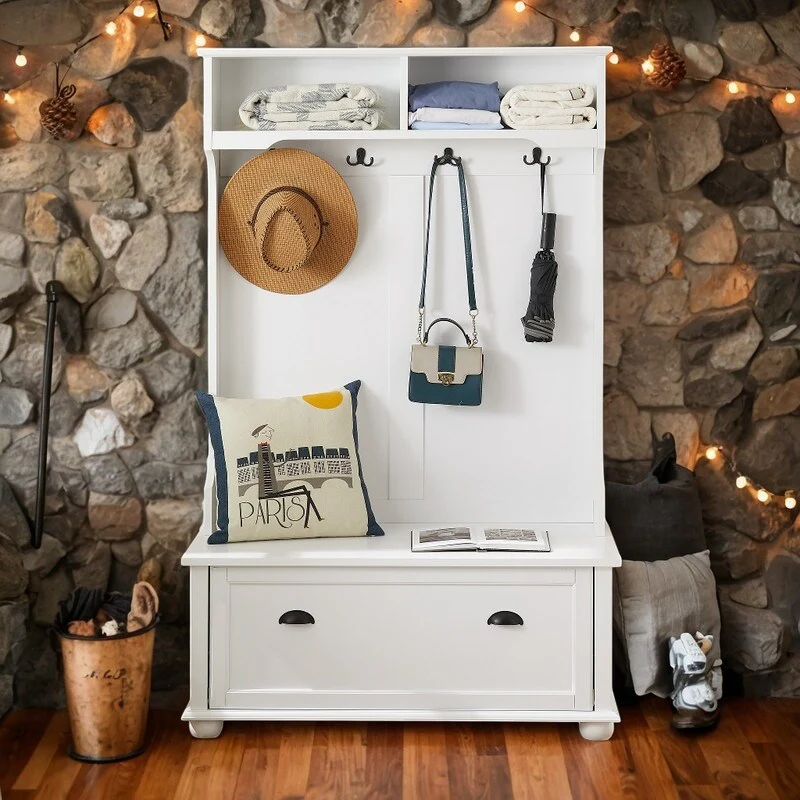 Classic Style Hall Tree Entryway Bench with Open Shelves and Shoe Cabinets, Solid Wood Feet Benches for Hallway, White