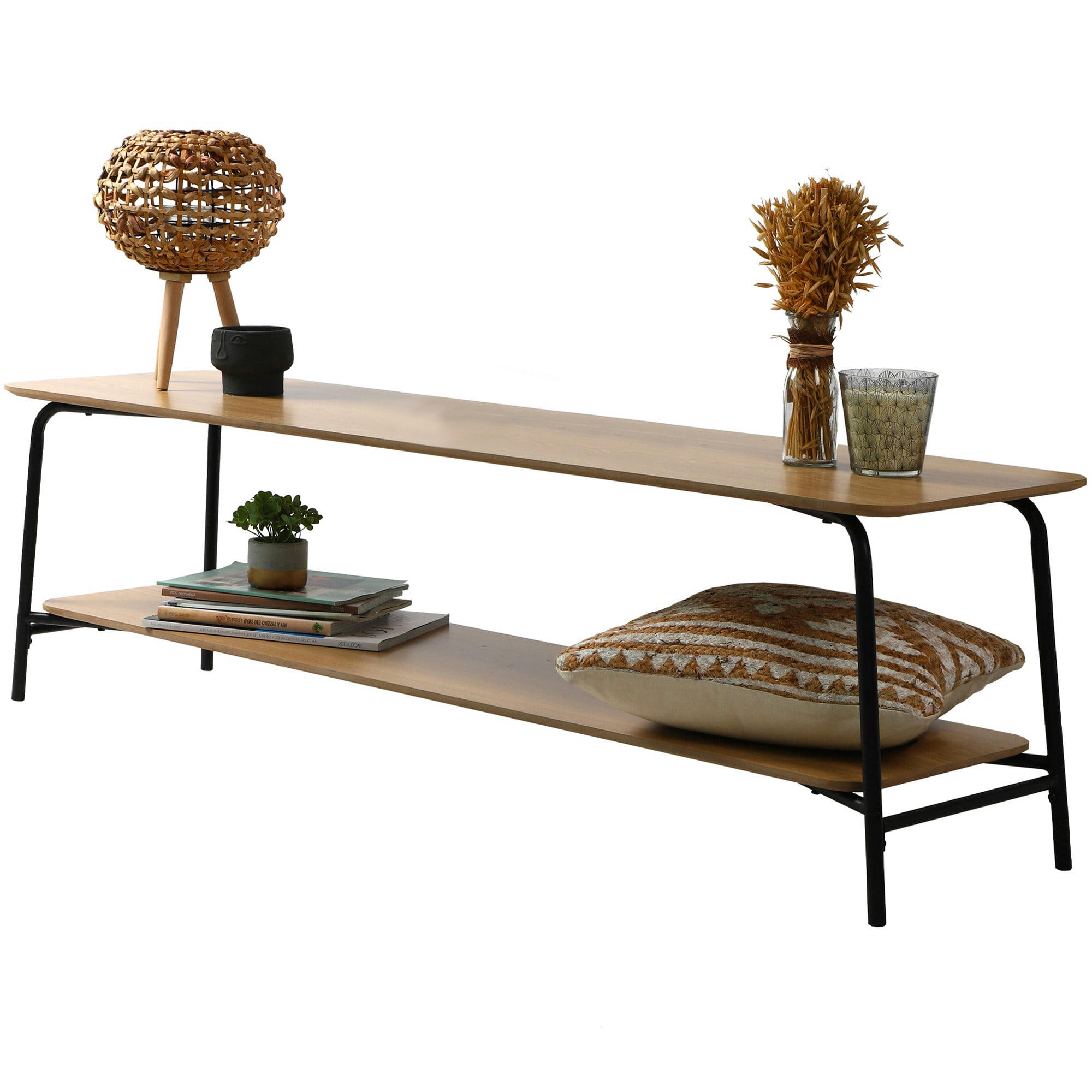 - Meuble de télévision 2 niveaux bois et métal noir 150x40x43.5cm