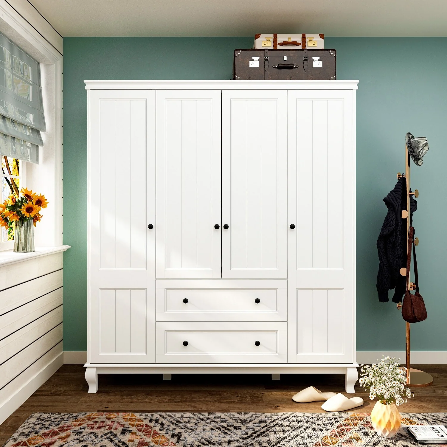 Home Traditional 2 Drawer Freestanding Wood Armoire in White Lacquer - 63Wx71.3