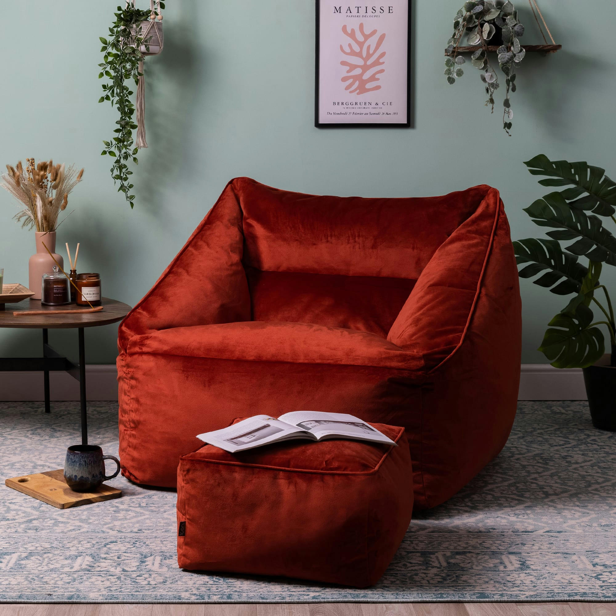 NATALIA - Pouf fauteuil avec repose-pied carré velours terracotta