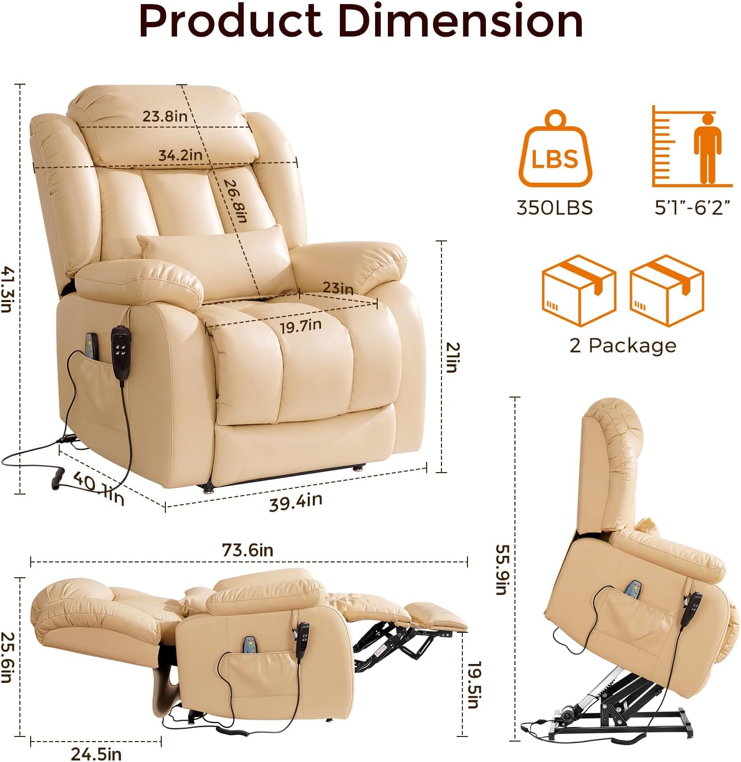 Power Lift Recliner Chair with 8-Point Massage & Heat, Dual Remote, USB/Type-C Ports, Easy-Clean Leather, Width 19.7 (Leather, Beige)