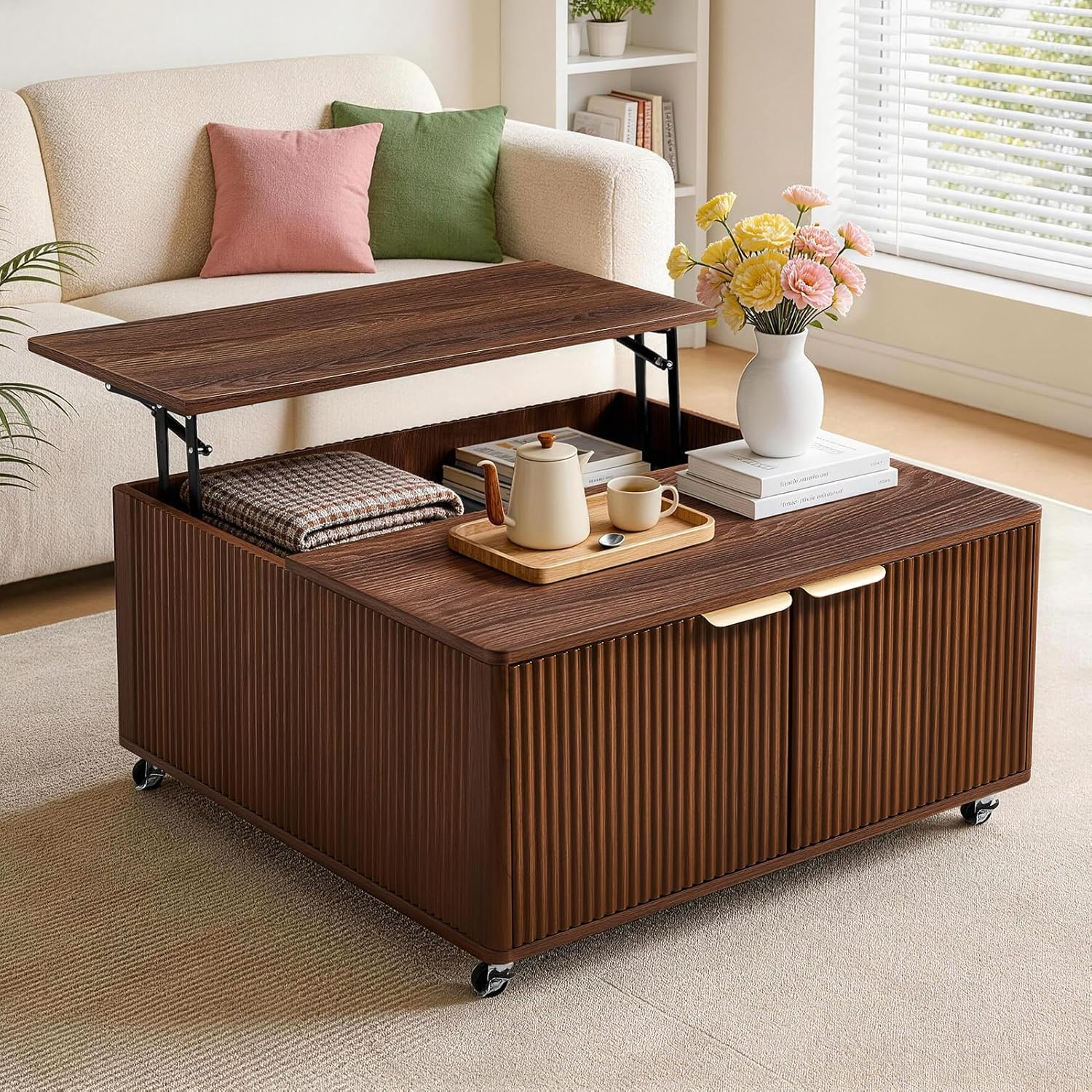 Fluted Lift Top Coffee Table on Wheels, Walnut Storage Coffee Table with Adjustable Height for Living Room, Office