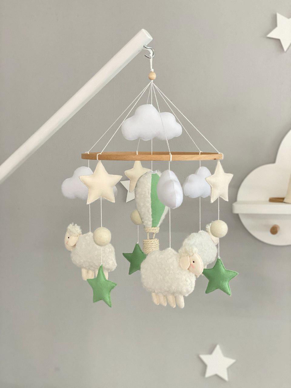 Sheep Baby Nursery Green Mobile Hot Air Balloon Boy Girl Hanging Felt Decor