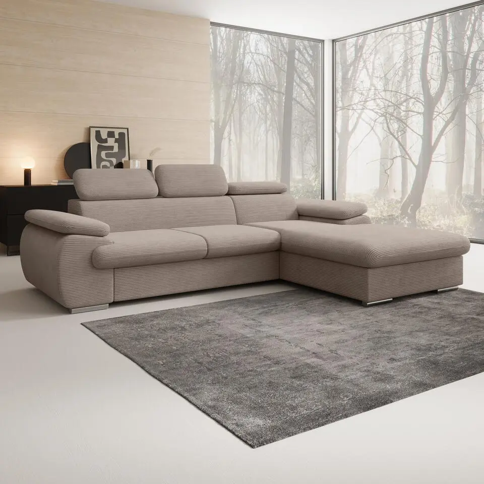 Meubella - Hoekbank Cordoba - Bruin - Ribstof - Rechts