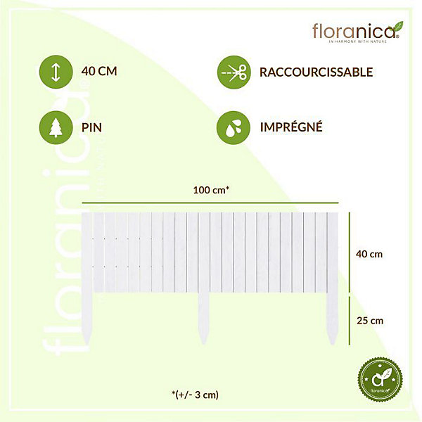 Floranica Bordure flexible de parterre Imprégnée 100 x 40 cm Blanc (raccourcissable) Clôture en bois en pin Palissade Rollboarder