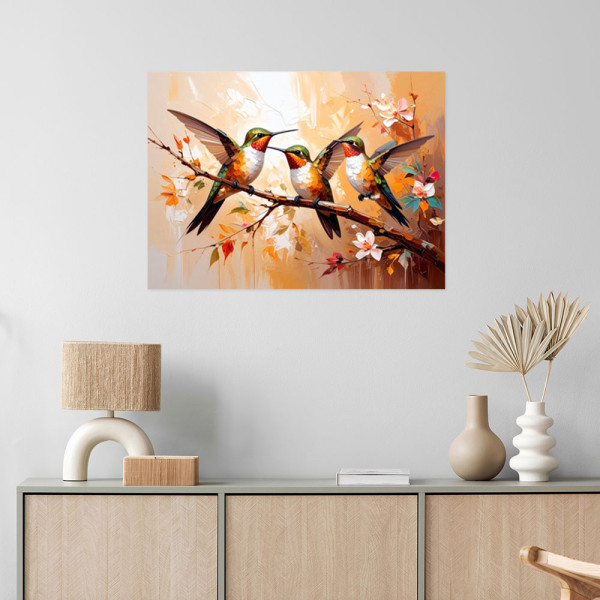 Naklejka samoprzylepna Feeby Kolorowe Kolibry Ptaki na beżowym tle 30x20