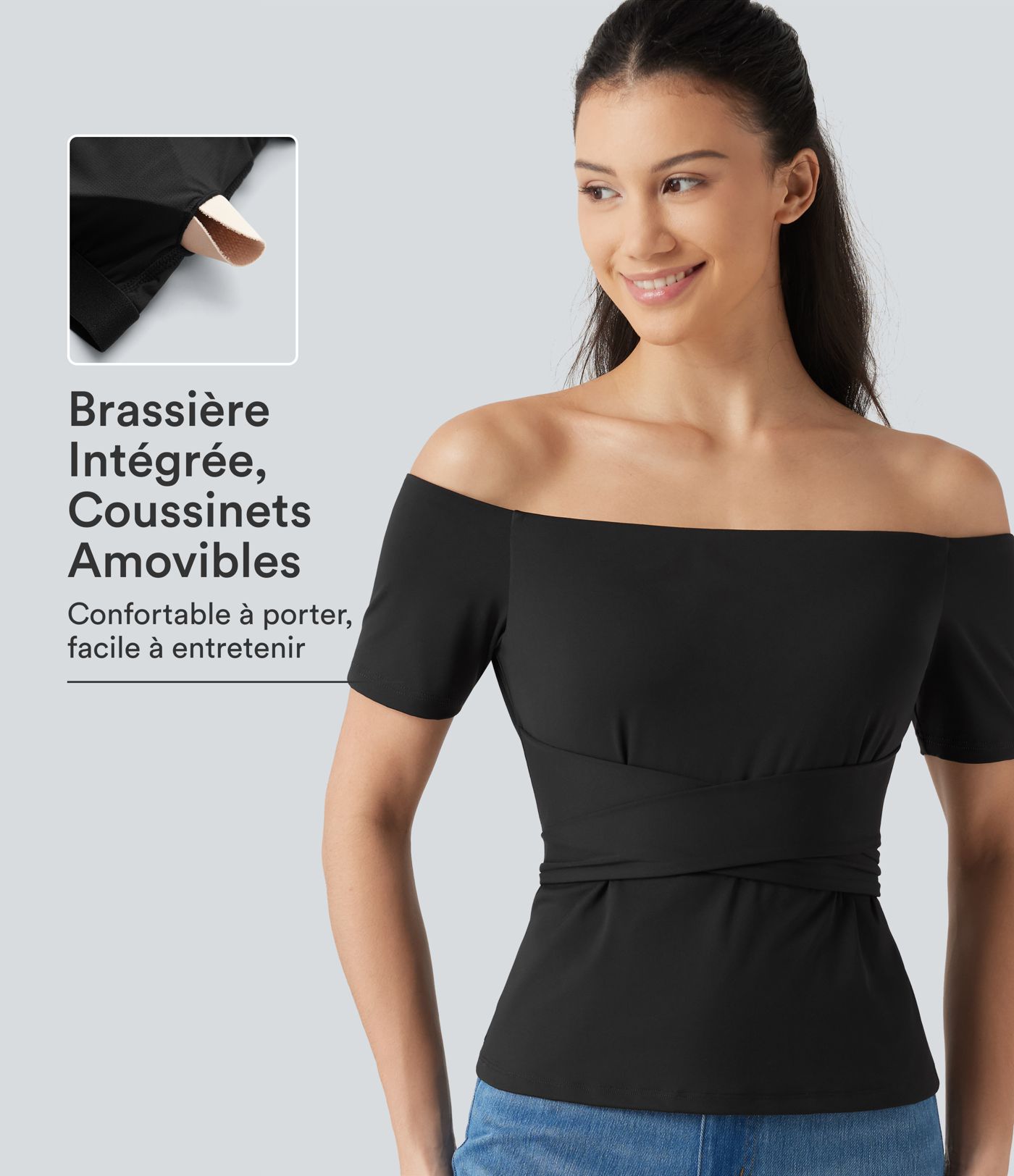 T-shirt SoftlyZero™ Airy effet frais InstantCool épaules dénudées à manches courtes, lien au dos et coussinets amovibles