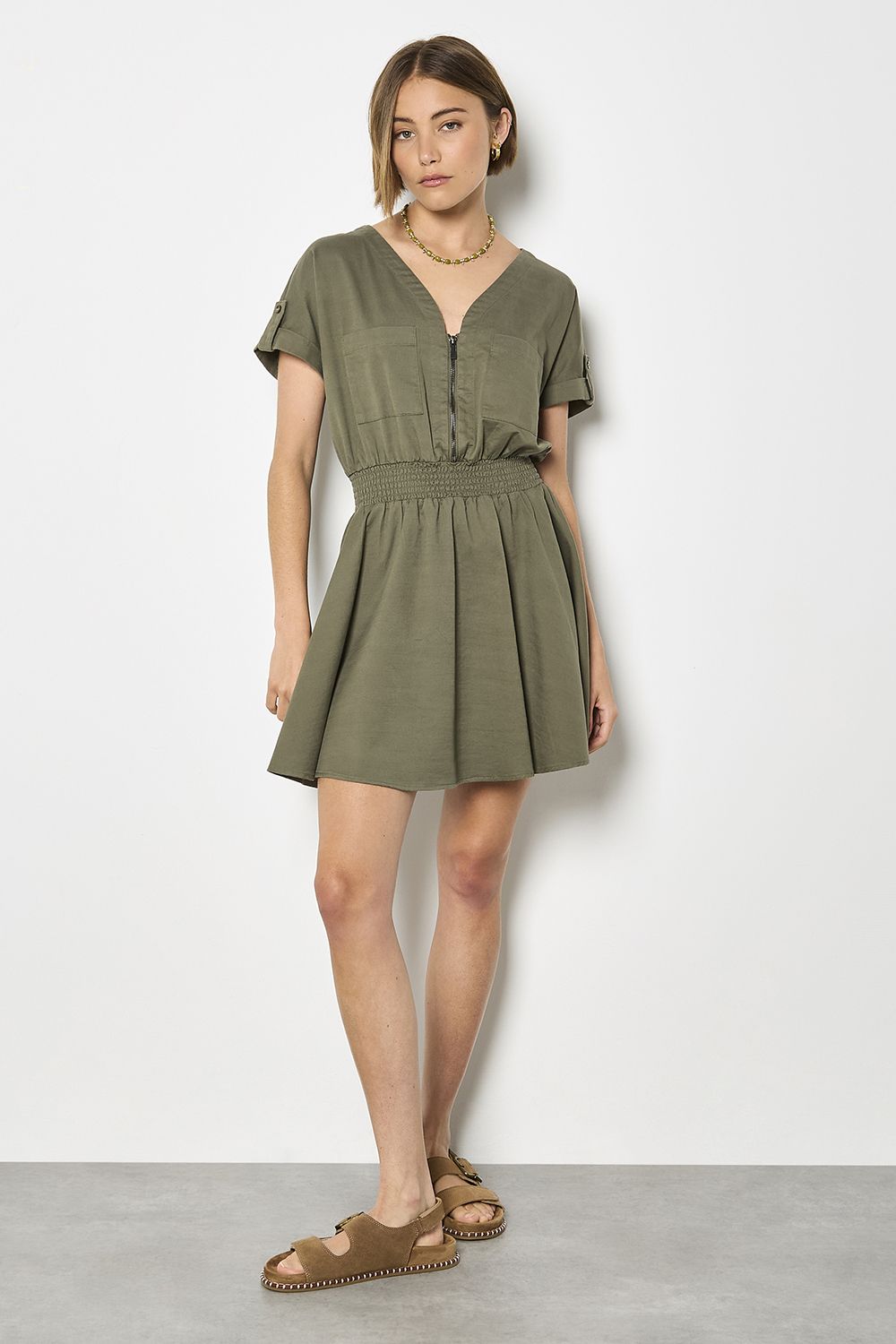 Apricot Zip Detail Skater Cotton Mini Dress