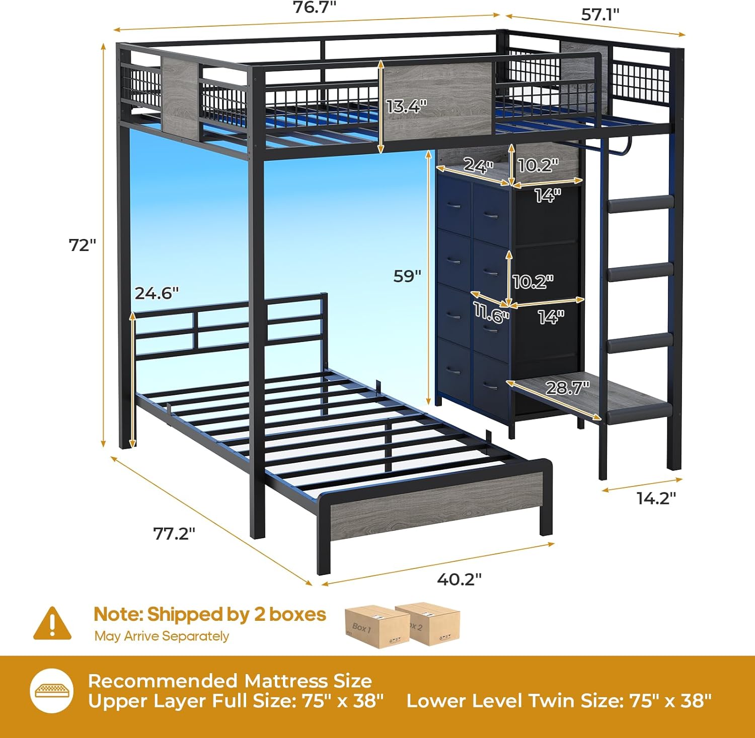 ADORNEVE Bunk Bed Twin Over Twin Size with 8 Storage Drawers, Twin Bunk Beds with Led Lights & Storage Shelves, Metal Loft Bed with 13.4 H Safety Guardrail & Ladder, for Kids & Teens, Black