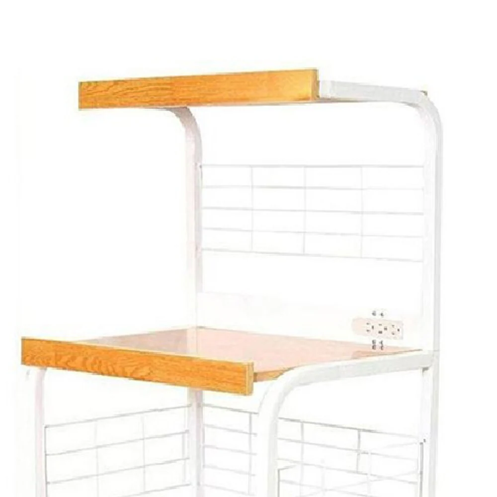 Wood and Metal Frame Microwave Cart with Power Outlet, White and Brown