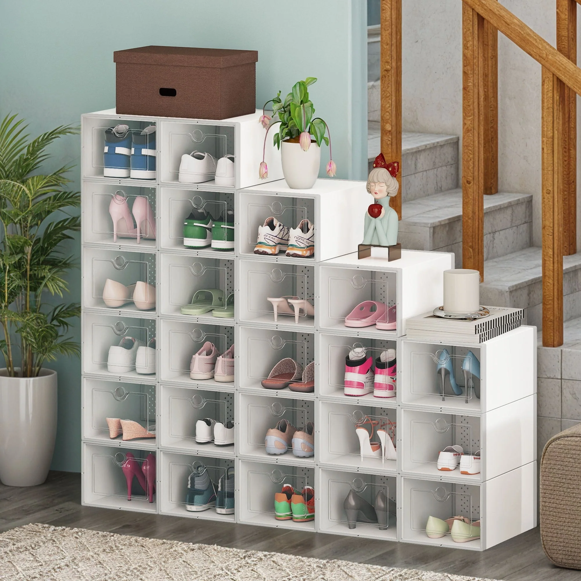 24 Pair Medium Size White Shoe Storage Box Clear Plastic Stackable Shoe Organizer - 24PCS