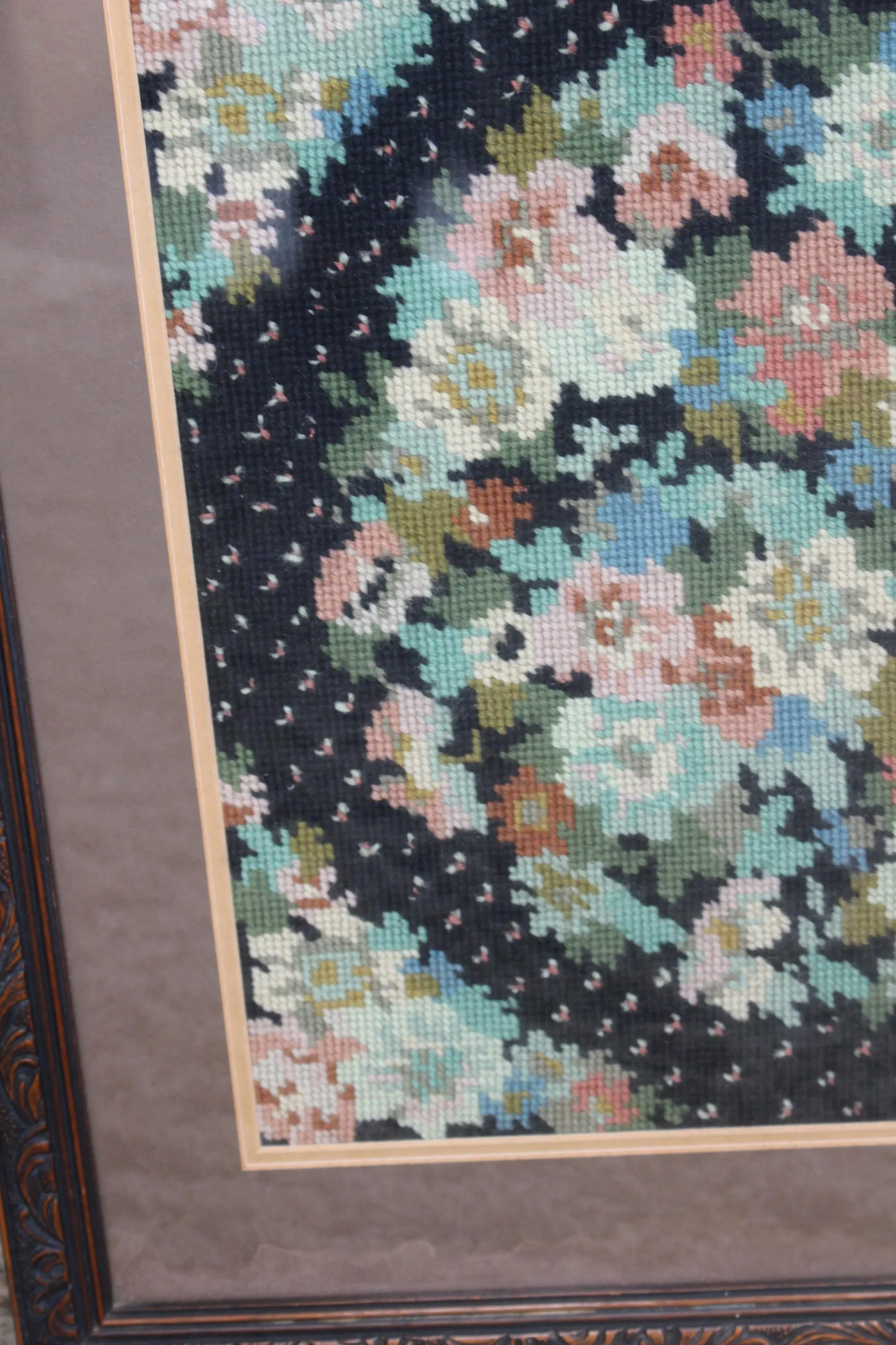 Vintage Fire Screen with Floral Tapestry Panel & Dark Wooden Frame