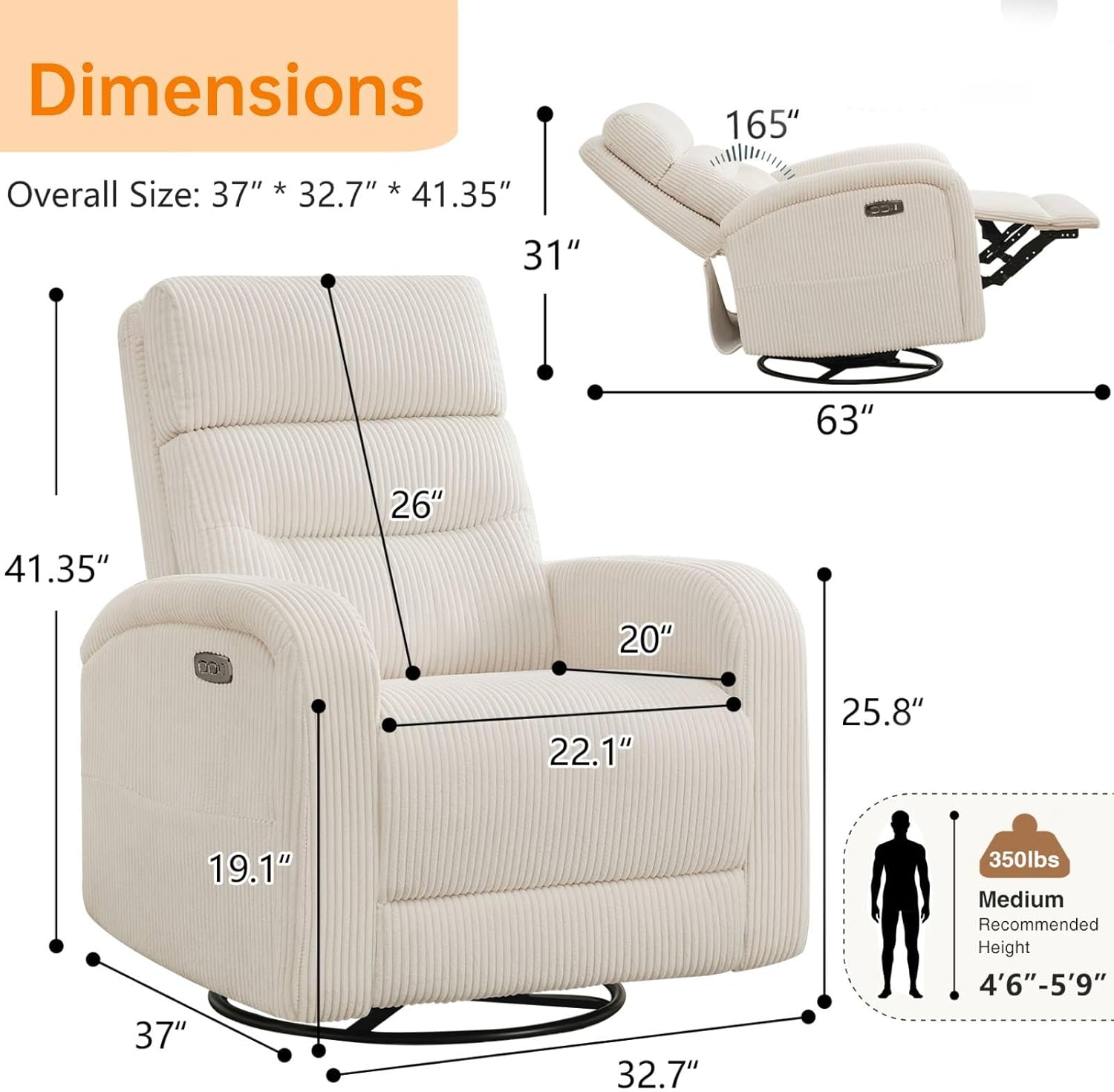 Power Swivel Rocker Recliner Chair for Nursery, Swivel Reclining Rocking Chairs, Electric Swivel Recliner Glider Nursery for Living Room, Upholstered Recliner Chairs for Bedroom, Corduroy White