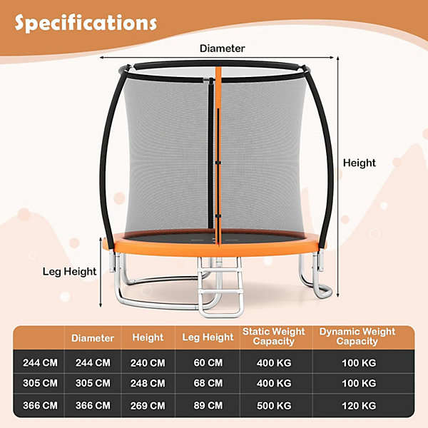 244CM Trampoline Exterieur Enfant, avec Filet Sécurité, échelle, Structure Galvanisée,pour Enfants et Adultes (Orange,244x240CM)