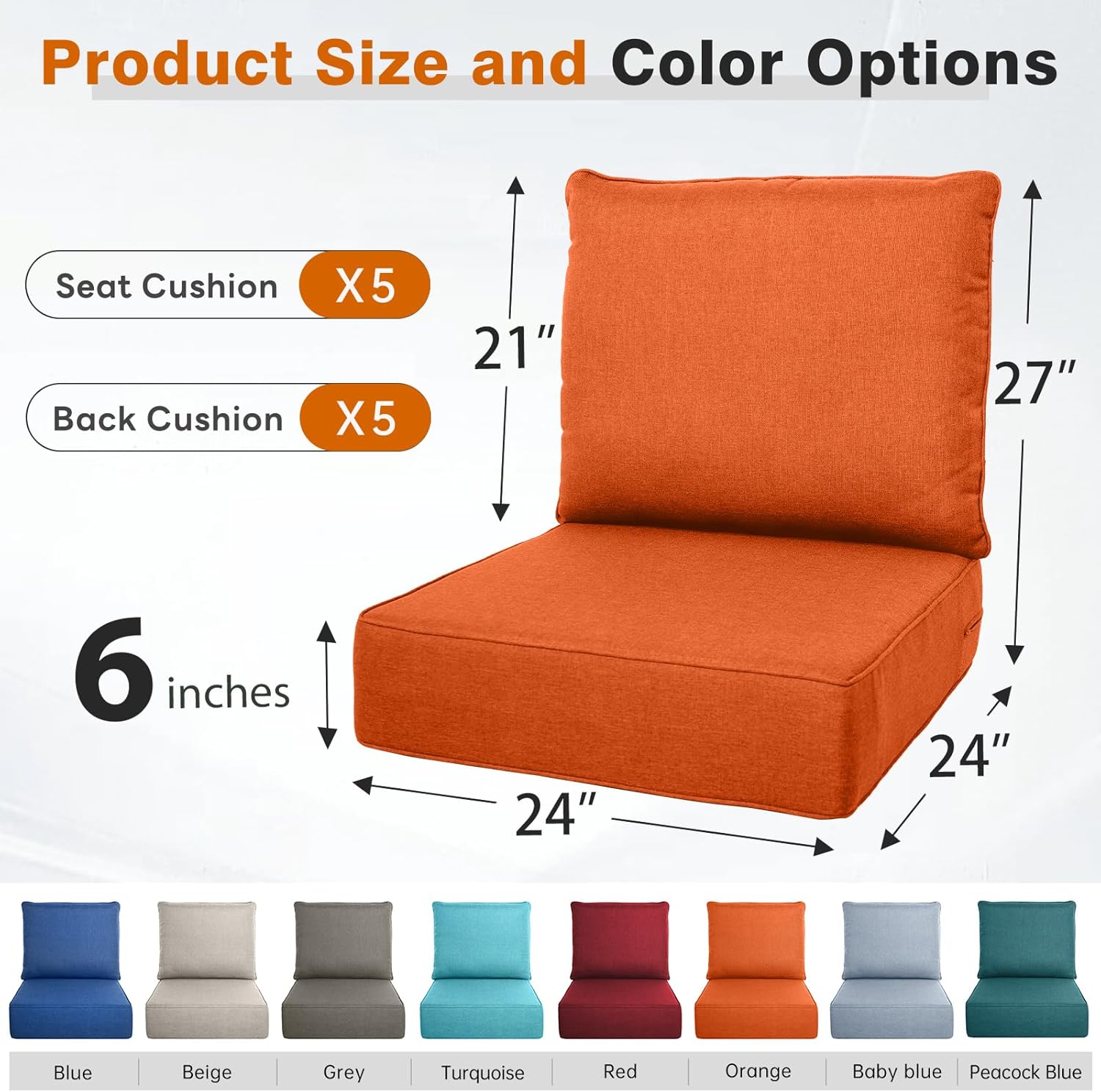 Belord Luxury 6 Thick Outdoor Cushion 5 Set - 24 x24 Inch 28D Sponge Filling Fade-Resistant Chair Cushion  Spill Proof Removable Patio Furniture Replacement Cushion for Sofa Bench Swing - Orange