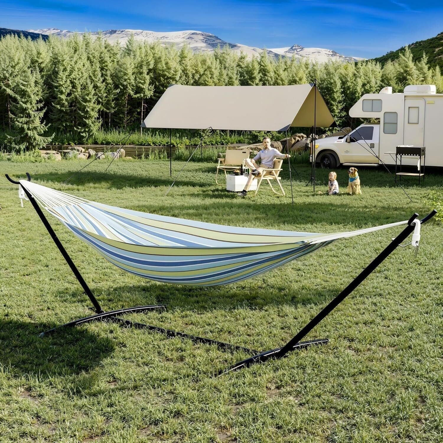 Double Hammock with Foldable Steel Frame for Garden Yard Outdoor 450 lbs Capacity - N/A
