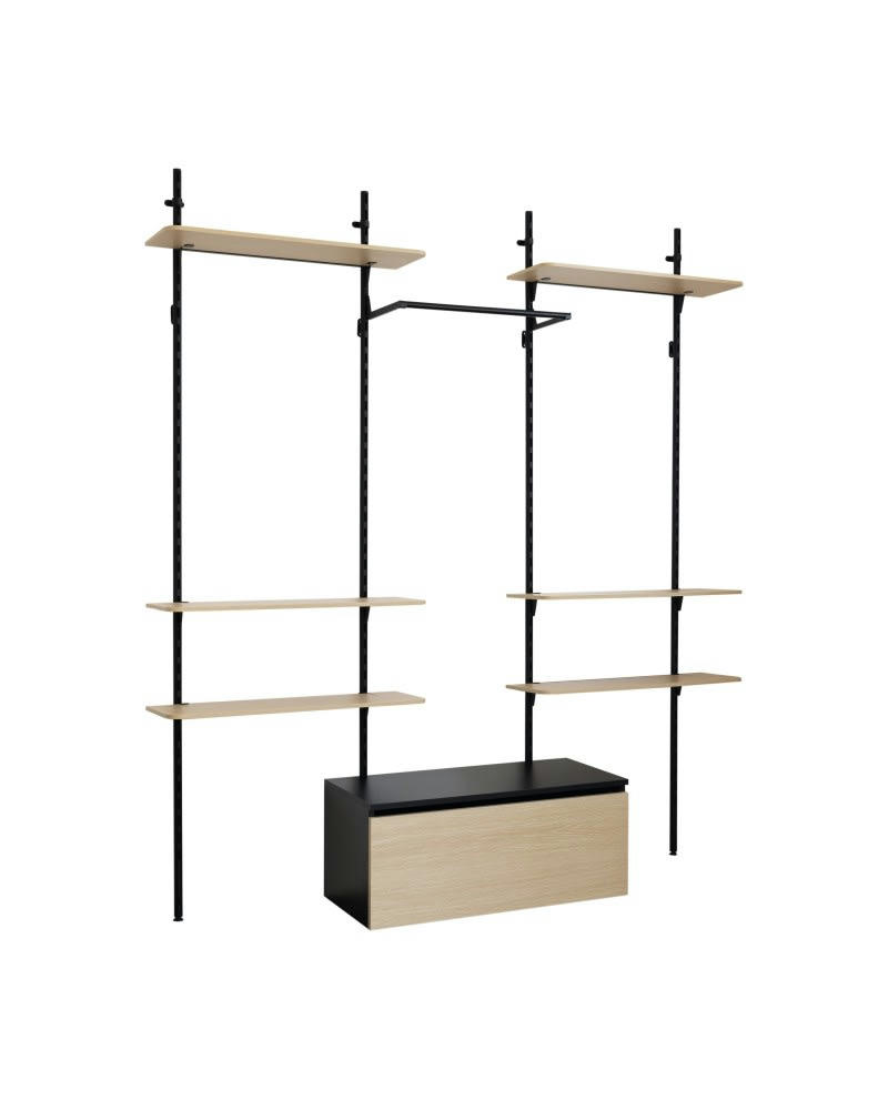 KALI - Dressing bibliothèque  modulable  industriel 6 étagères + caisson bois
