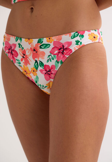 Womens White & Pink Floral Print Bikini Bottoms