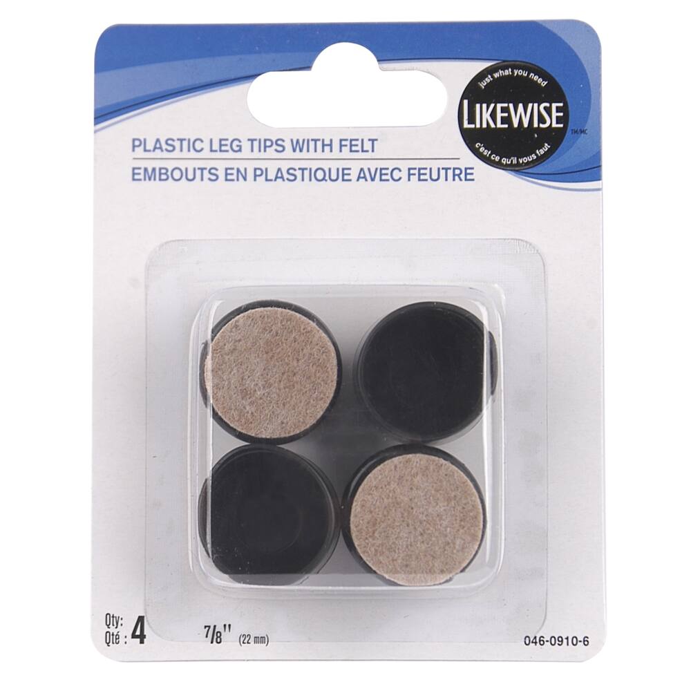 Certified Plastic Leg Tips With Felt, For Vinyl/Ceramic/Hardwood/Laminate Flooring, 7/8-in, Black, 4-pc