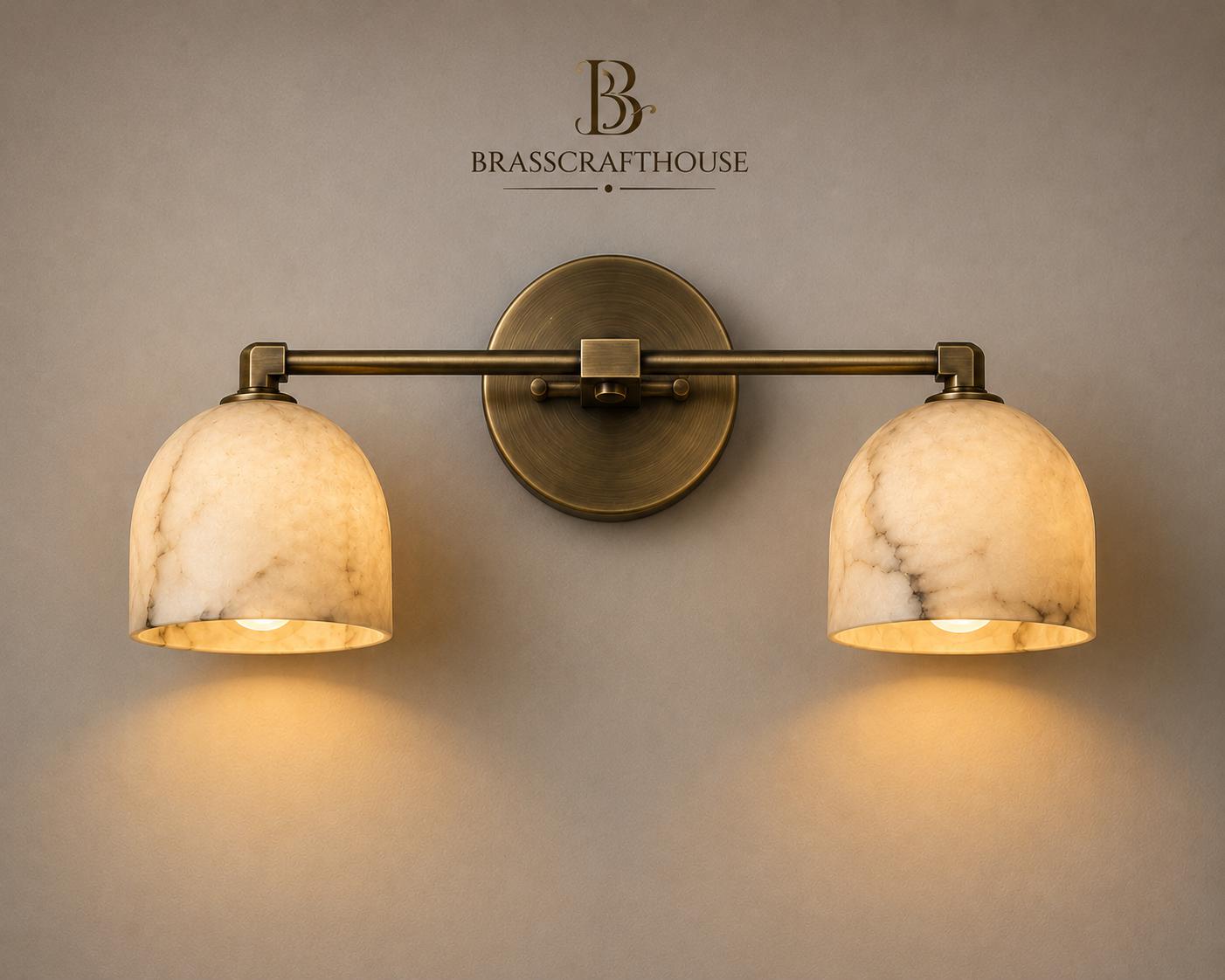 Modern Alabaster Brass Sconce | Double Bathroom Vanity Light, Natural Stone Lamp