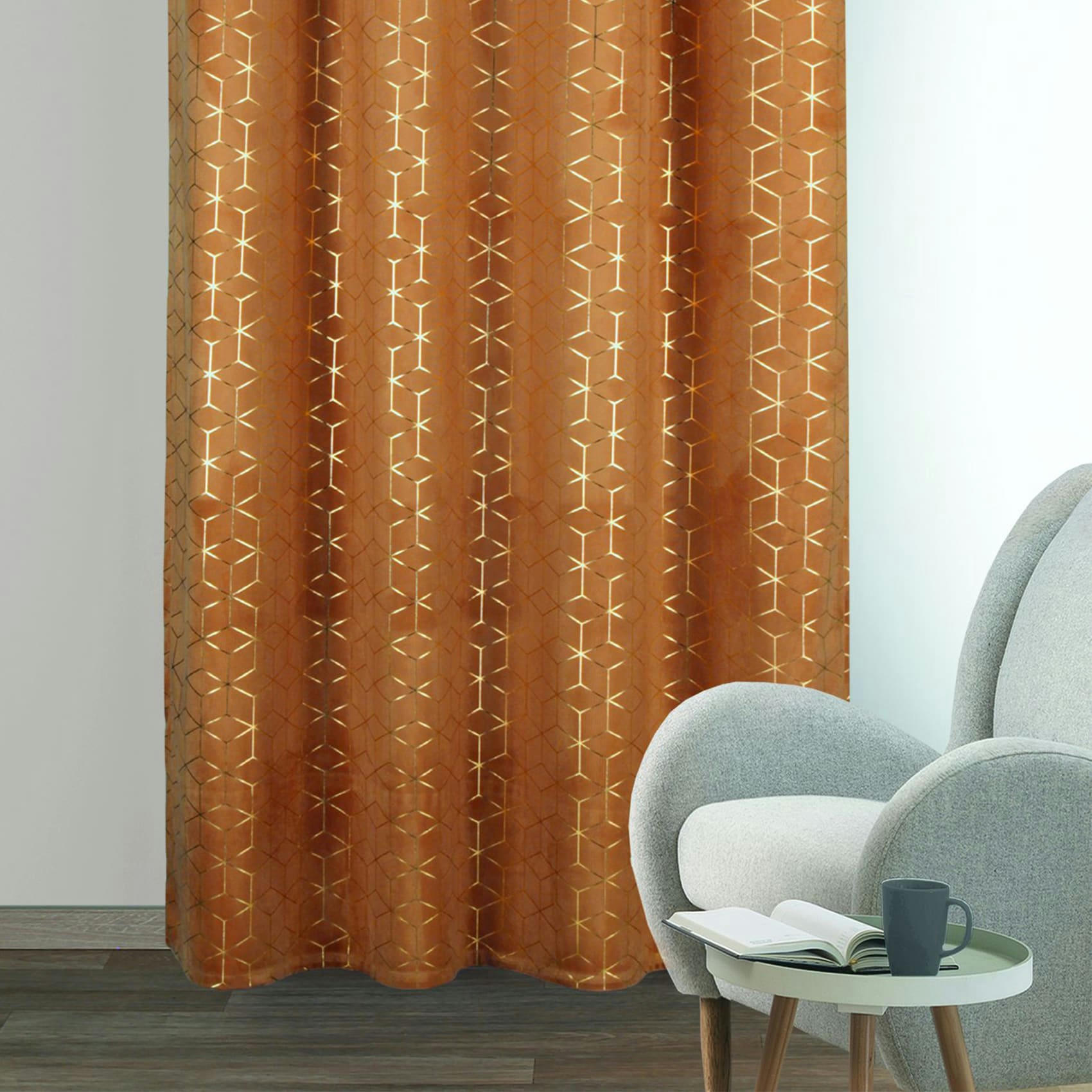 - Rideau en velours motifs géométriques dorés jaune safran