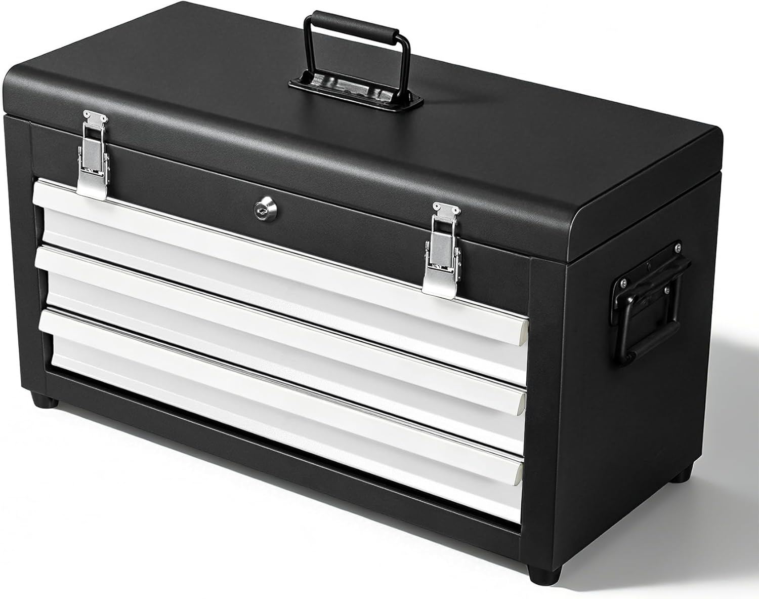3 Drawers 22 Portable Metal Tool Box, Heavy Duty Toolbox with Double Locking System & Unique Built-in Drawer Lock, Tool Chest Organizer for Workshop, Garage, DIY Office Storage