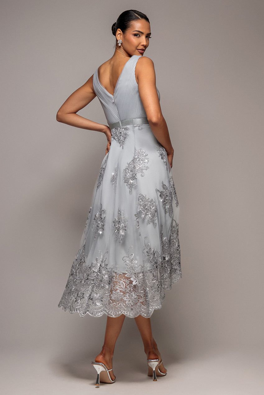 Goddiva Pleated Satin Bodice High And Low Dress