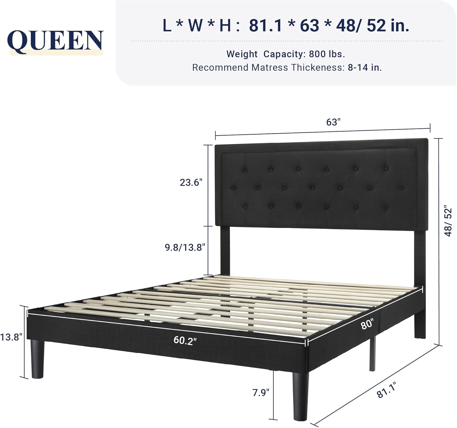 Allewie Queen Size Upholstered Platform Bed Frame with Adjustable Headboard, Button Tufted, Wood Slat Support, Easy Assembly, Black