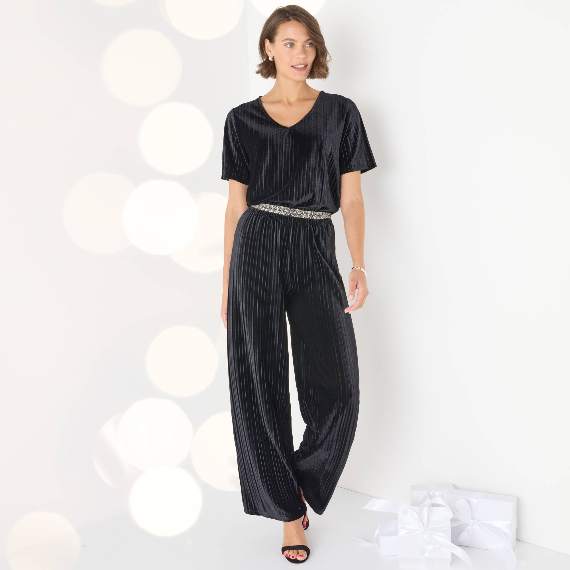 Pantalon large velours reliefé taille élastiquée