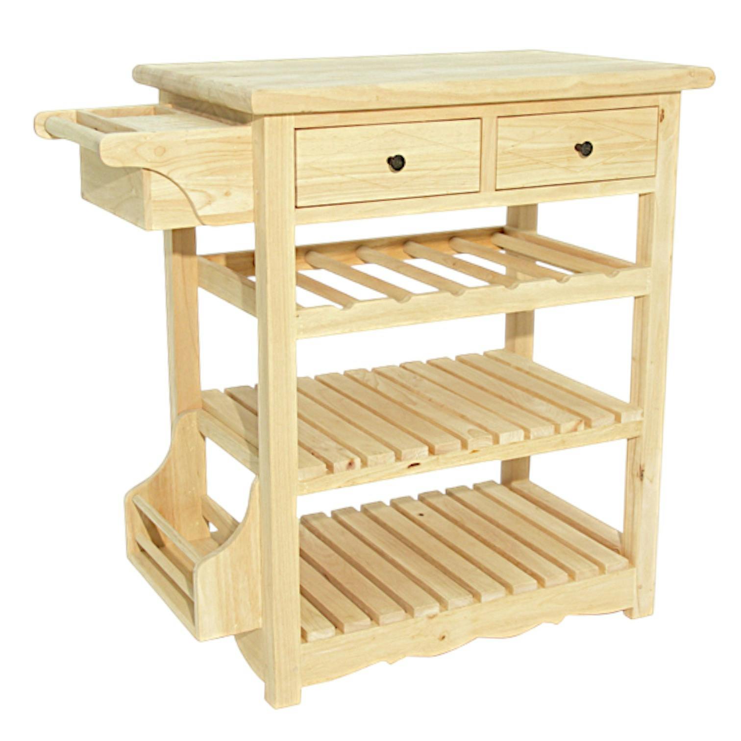 Desserte de cuisine Hévéa 2 tiroirs, 2 étagères, 1 rack à bouteilles, 1 rangement latéral 70x45x84cm TRADITION