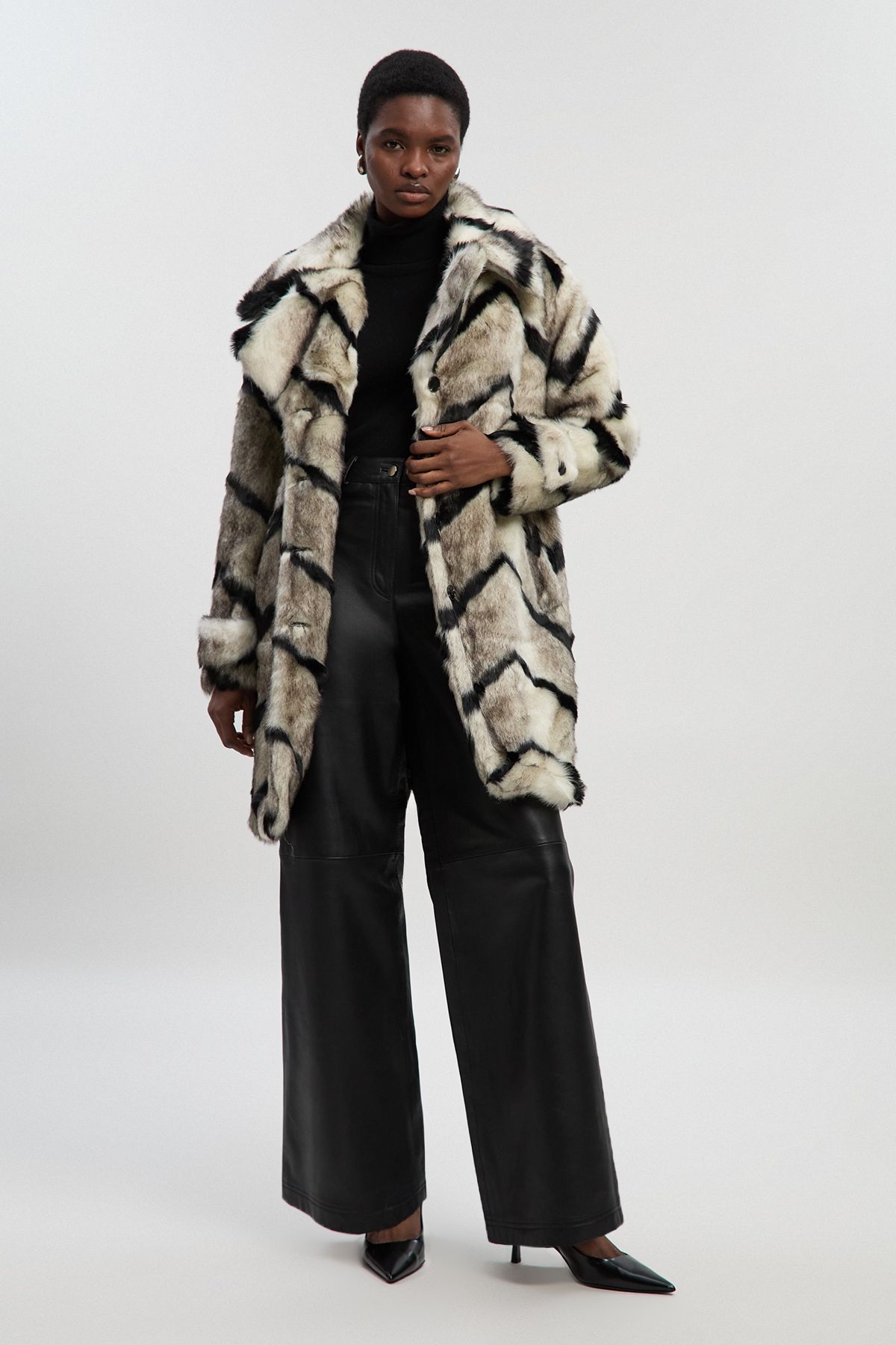 KarenMillen Mono Faux Fur Belted Longline Coat