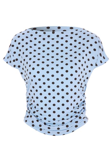 Womens Blue and Brown Polka Dot Drape Top