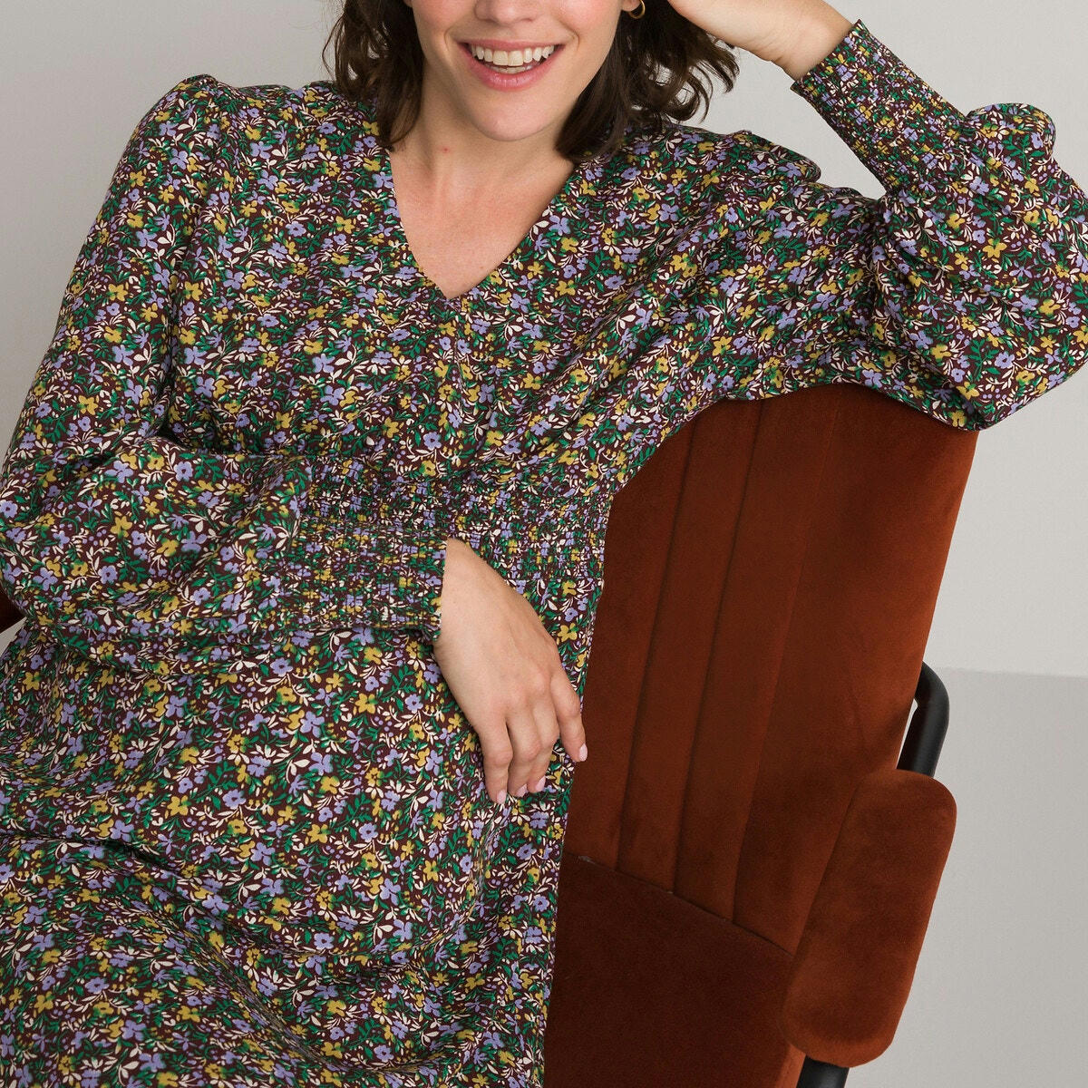 Robe longue de grossesse, détails smockés