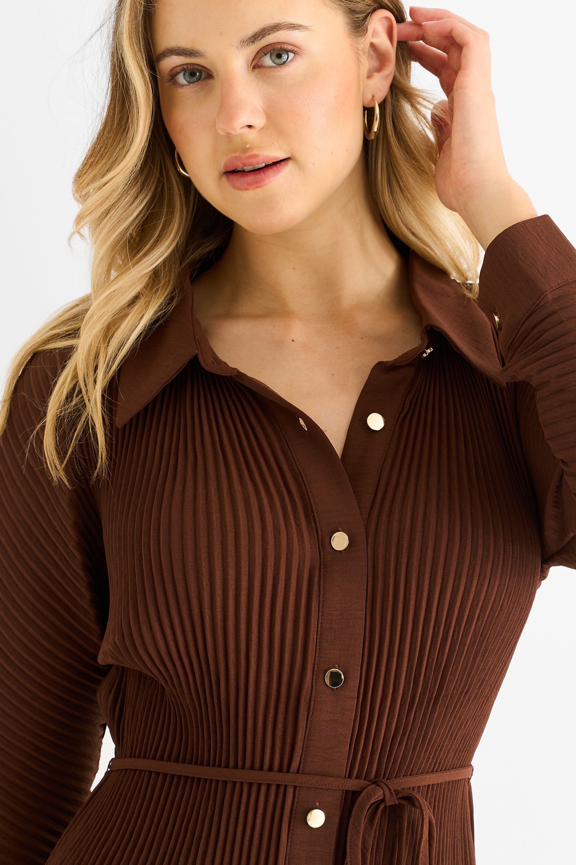 Gini London Chocolate Plisse Button Through Shirt