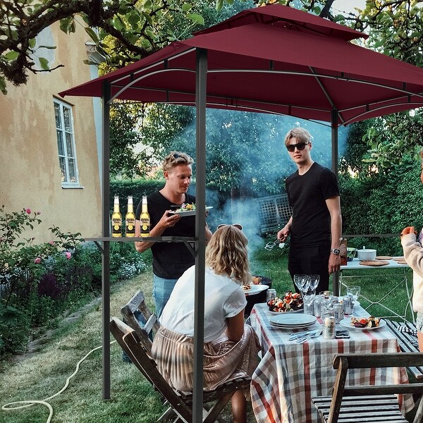 BBQ Gazebo with Hook and Pole 8 x 5 Feet, Outdoor Steel Frame Gazebo with Shelter Tent Double Layer Soft Top