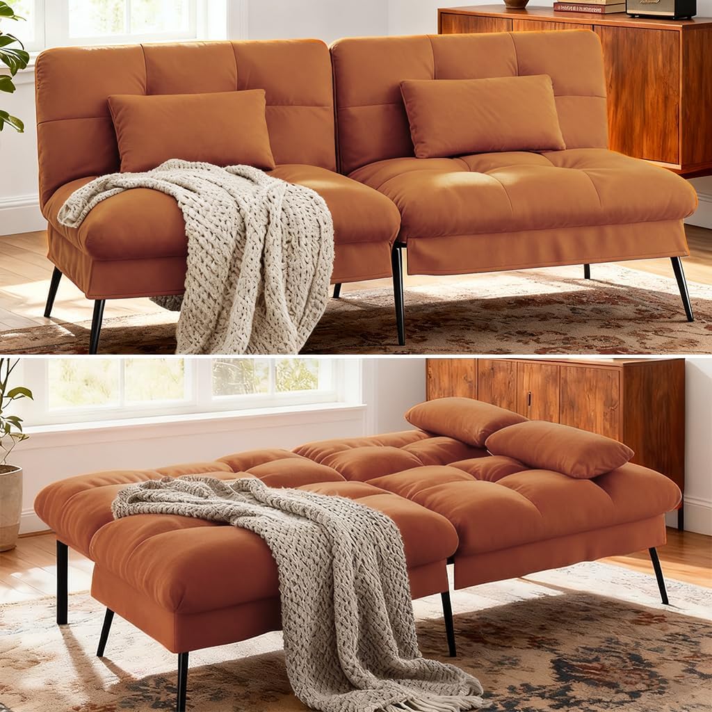COMHOMA Convertible Sofa Bed,68″Fabric Couch with Adjustable Backrest,Loveseat Recliner Sleeper Living Room Furniture futon Set,Orange