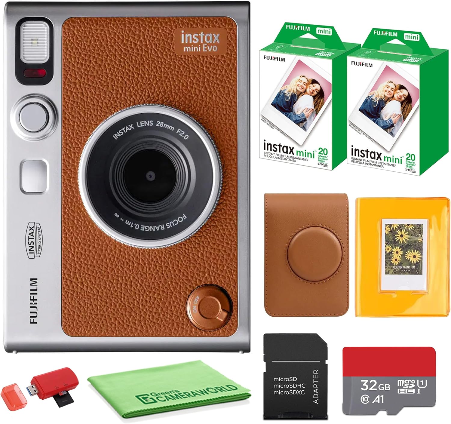 FUJIFILM INSTAX MINI EVO Hybrid Instant Camera (Brown) Bundle with Fuji Instax-Mini-Instant Film Value Pack (40 Sheets) + 32GB Memory Card + Carrying Case + Photo Album 64 Pockets + Cleaning Cloth