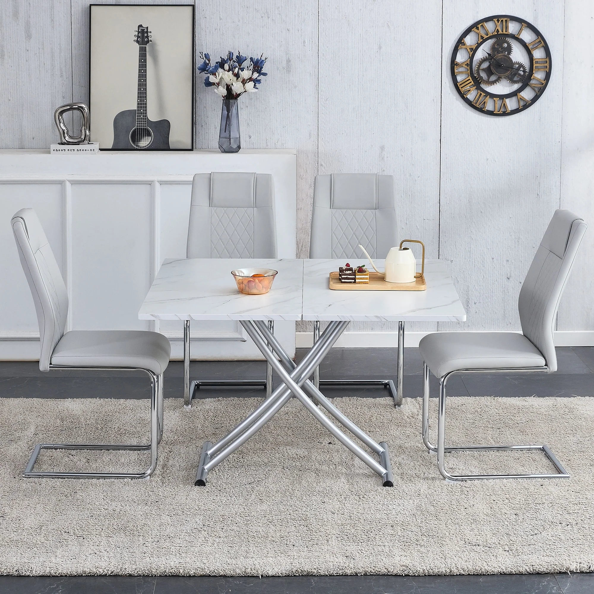 Multifunctional 5-Piece Dining Lift Table Set with Marble Pattern Folding Table Top and 4 Faux Leather Upholstered Chairs
