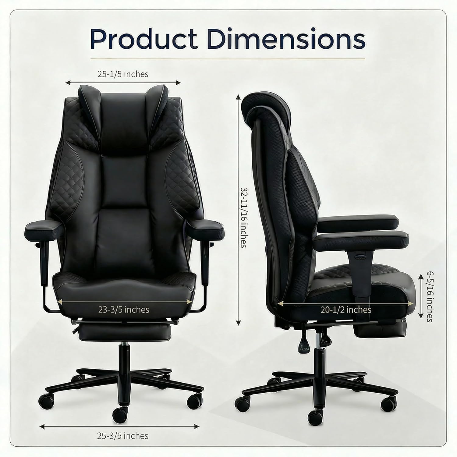 Big and Tall Office Chair 500lbs - 23.6 Extra Wide Seat Ergonomic Executive Chair, Heavy Duty Metal Base High Back Leather Office Chair with Footrest, Lumbar Support & Adjustable Arm, Black