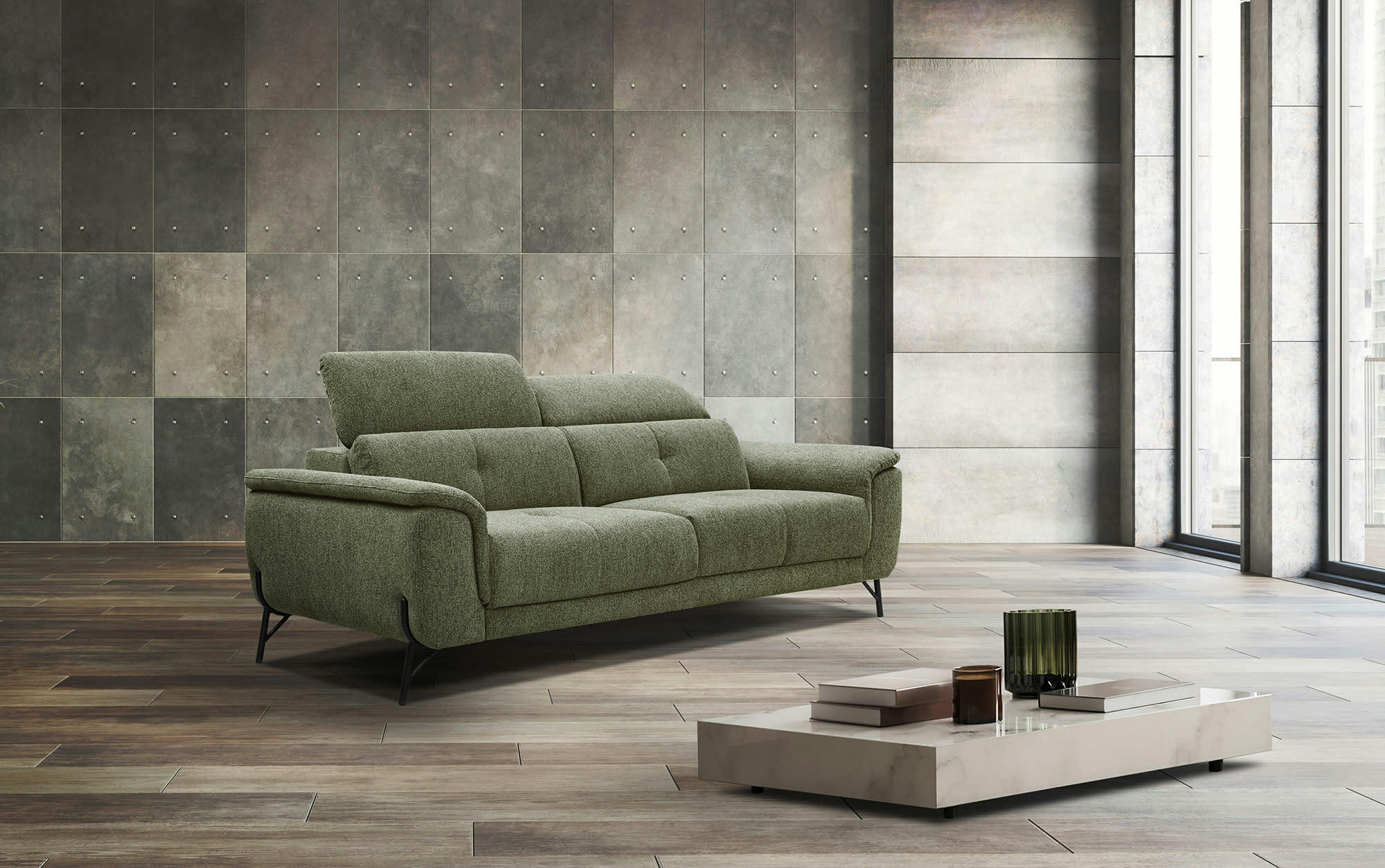 AVENA - Canapé droit 3 places XXL tissu vert