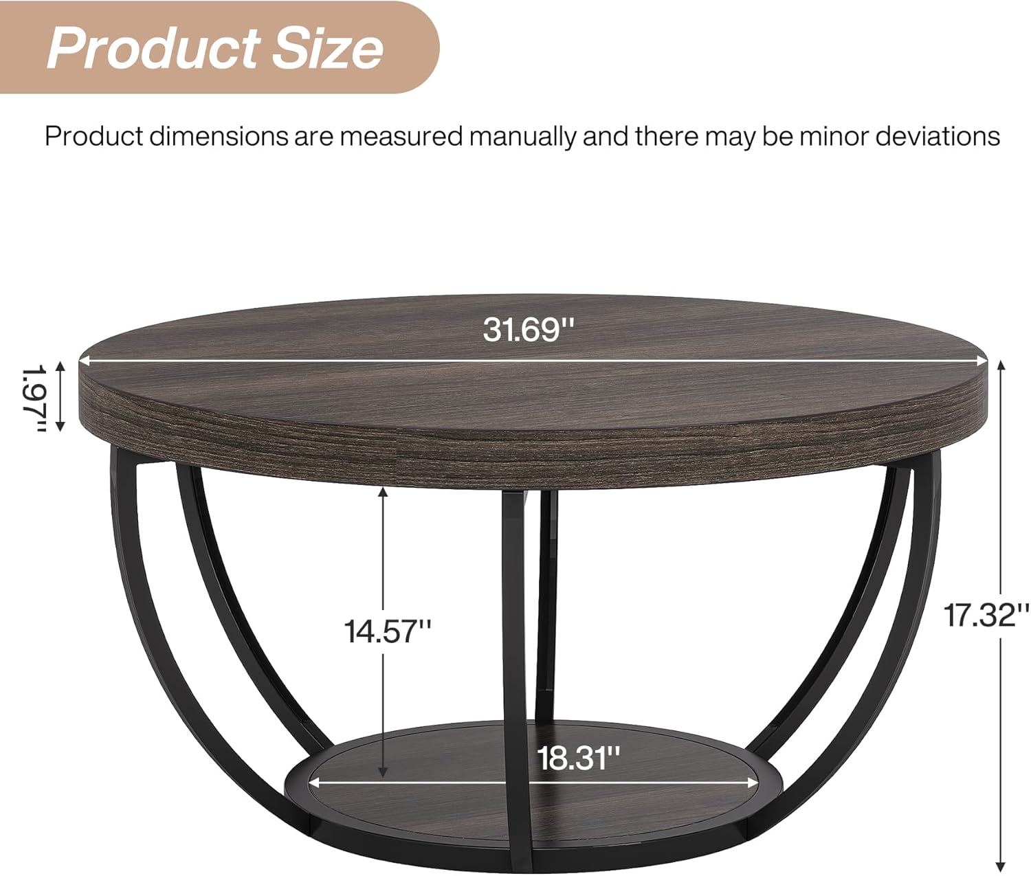 Tribesigns Round Coffee Table, 31.7 Wooden 2-Tier Circle Coffee Table with Storage Shelves, Modern Accent Cocktail Table Center Table for Living Room, Grey