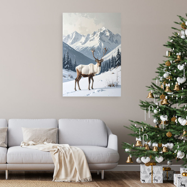 Obraz do salonu jadalni biura, Renifer zima śnieg pejzaż górski 20x30
