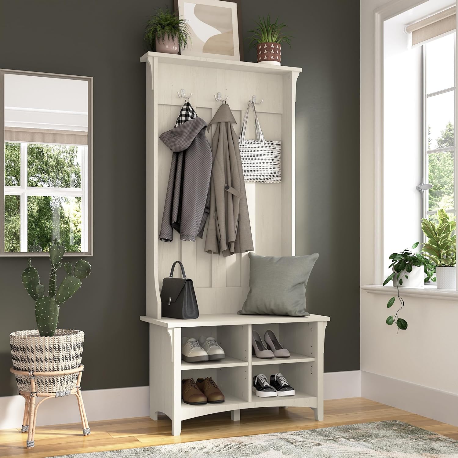Bush Home Salinas Hall Tree with Shoe Storage Bench in Antique White, Multi-Purpose Home Organizer, Entryway Solution with Seating and Hooks